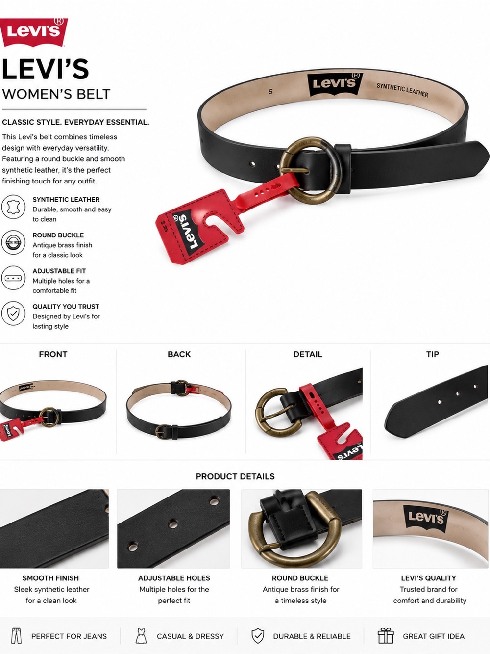 Levi's Black Synthetic Leather Belt with Red Tag Accent